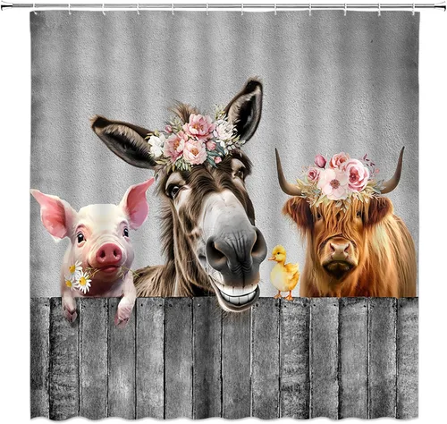 Miniatura 14 de Cortina de ducha con estampado de vaca, piel de vaca negra y blanca, divertida piel de granja de animales de granja, estilo occidental, tela Negro
