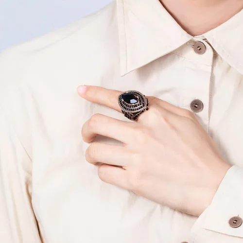 Miniatura 3 de Anillo de mujer - 1.260 in de gran tamaño chapado en oro antiguo estilo turco negro piedra preciosa anillo vintage joyería de las mujeres J0769BLK