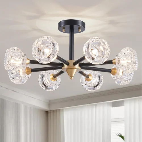 Miniatura 11 de XINGQI Lámpara de techo moderna de 6 luces, lámpara de montaje semiempotrado Sputnik, lámparas de araña doradas en negro para recámara, comedor