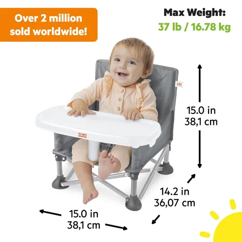 Miniatura 4 de Bright Starts Pop 'N Sit Asiento elevado portátil, para uso en interiores y exteriores, asiento de piso con bandeja de alimentación, gris, de 6