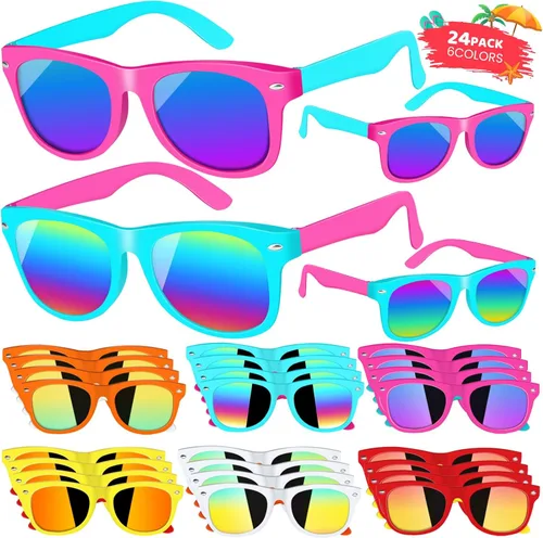 Paquete de 24 lentes de sol para niños con protección UV400, recuerdos de fiesta para niños y niñas de 3 a 8 años, bolsas de regalo de neón para