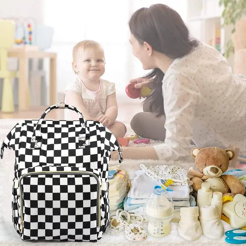 Miniatura 9 de Mochila para pañales para mamá y papá, bolsas cambiadoras de bebé impermeables multifuncionales, mochila grande para pañales cuadriculado