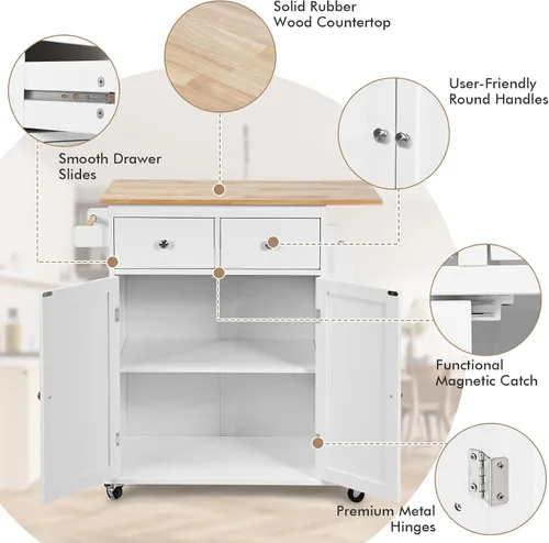 Miniatura 3 de COSTWAY Isla de cocina sobre ruedas, carrito utilitario con estante ajustable, 2 cajones, estante de especias de 3 niveles, toallero, gabinete de 2