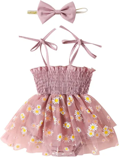 Miniatura 43 de Mameluco para bebés y niñas de 3, 6, 9, 12, 18 meses, enterizo de manga corta, fruncido, faldas y dobladillo, diadema