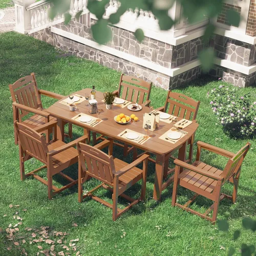 Miniatura 5 de Juego de comedor al aire libre HDPE, mesa exterior de 7 piezas para todo tipo de clima y 6 sillas Teca