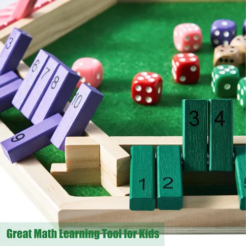 Miniatura 4 de Vamslove - Juego "Shut The Box" para 6 jugadores con 12+4 dados - Juego de mesa de madera de 6 lados colorido con números matemáticos para niños