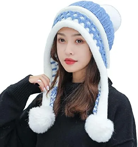 Miniatura 7 de HUAMULAN Gorro de invierno para mujer, con orejeras, con solapas, sherpa, esquí, nieve, forro polar, 3 pompones