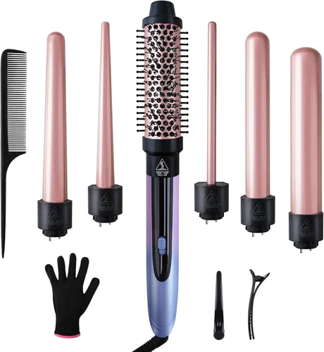 Rizador de pelo 6 en 1 con cepillo rizador de calor instantáneo, rizador de pelo largo, rizador de pelo largo, 6 barriles de cerámica Oro rosa