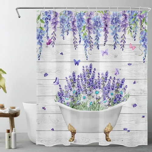 Miniatura 32 de LB Juego de cortinas de ducha de mariposa y flores con alfombras, margaritas y morado lavanda, hojas de eucalipto, cortina de ducha verde