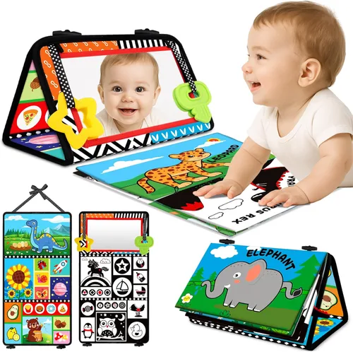 Juguetes para bebés 0-6 meses - Juego de tiempo de barriga en negro y blanco de alto contraste para recién nacidos - Espejo para bebé con libro de