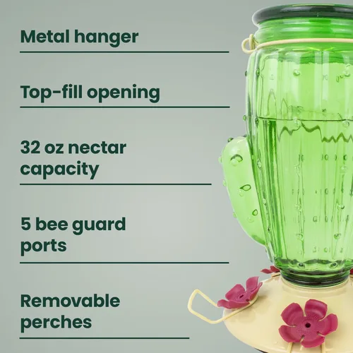 Miniatura 3 de Perky-Pet Comedero para colibríes de vidrio con relleno superior de cactus con protectores de abeja integrados y perchas extraíbles, capacidad