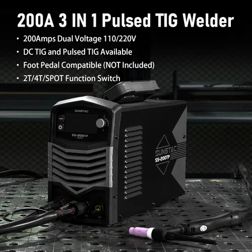 Miniatura 3 de Sunstac Soldador TIG de 200 A con pulso, 110 V/220 V de doble voltaje, máquina de soldadura DC TIG/TIG de pulso/TIG puntual/Stick 3 en 1, pantalla