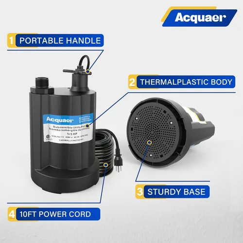 Miniatura 2 de Acquaer Bomba de agua sumergible 1/3 HP de 2160 GPH Bomba de sumidero Bomba de utilidad de termoplástico Bomba de agua eléctrica portátil para Gery