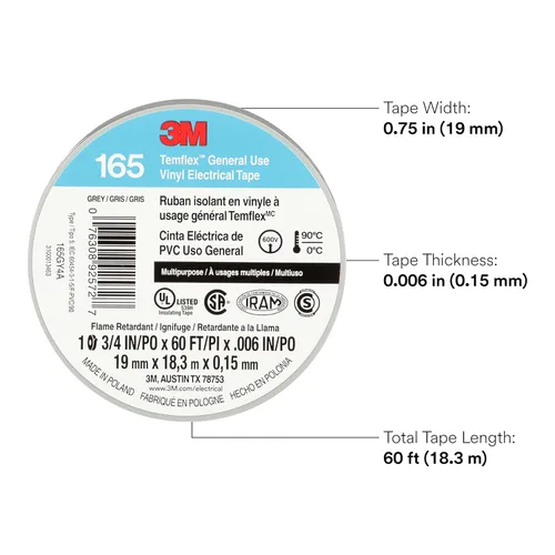Miniatura 2 de 3M Temflex Cinta Eléctrica de Vinilo Multiusos 165, Gris, 3/4 pulgadas x 60 pies (19 mm x 18 m), Paquete de 10 Rollos