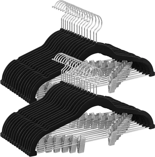 Miniatura 9 de SONGMICS Paquete de 20 perchas para pantalones, perchas de terciopelo de 16.7 pulgadas de largo con clips ajustables, perchas resistentes