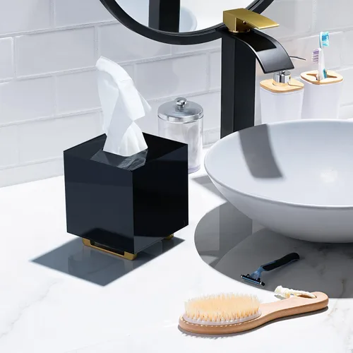 Miniatura 4 de YoBa Caja de pañuelos de acrílico negro grueso, dispensador cuadrado de caja de pañuelos con patas de aluminio chapado en oro para baño, cocina