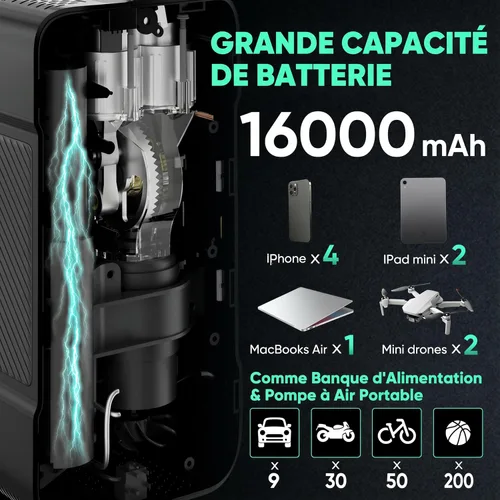 Miniatura 3 de Compresor de aire portátil para inflador de neumáticos BY01, doble cilindro de 150 PSI para neumáticos grandes, 16000 mAh inalámbrico y cable de 12