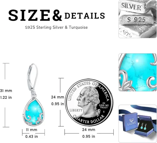 Miniatura 261 de Aretes colgantes de plata de ley con diseño de árbol de la vida, flor, abeja, animales, gato, colibrí, piedra lunar, turquesa, aretes con cierre