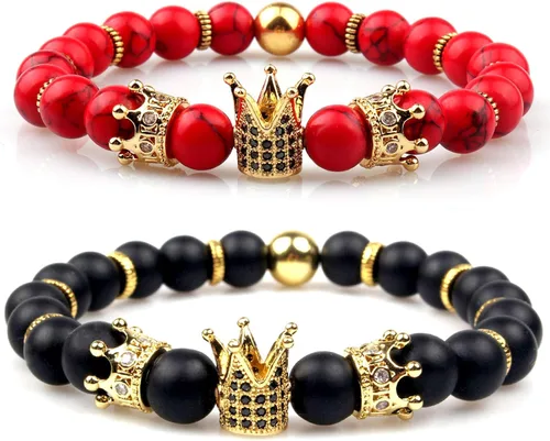 Gvusmil - Brazalete de cuentas con corona imperial lujosa de rey y su reina para parejas, dije de regalo de joyería de Navidad para hombre y mujer