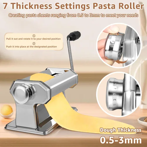 Miniatura 3 de Máquina para hacer pasta, rodillo de pasta con 7 ajustes de grosor y cortador 2 en 1, máquina de pasta de acero inoxidable para espaguetis