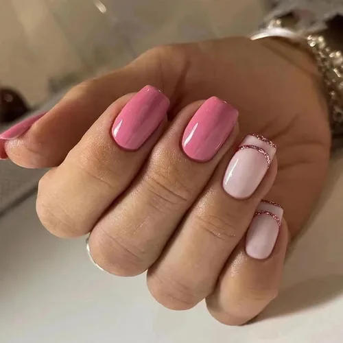 Miniatura 11 de Uñas postizas verdes a presión - Uñas falsas cortas cuadradas con purpurina dorada y diseños de remolino, acabado brillante, uñas postizas acrílicas