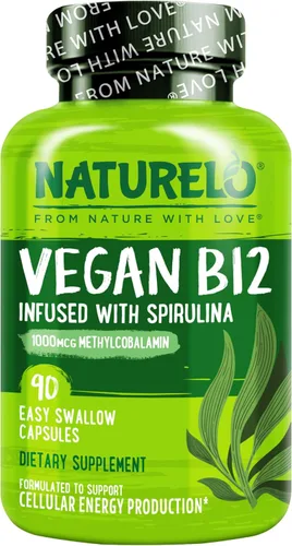 NATURELO B12 vegano - Metil B12 con espirulina orgánica - Vitamina B12 de alta potencia 1000 mcg metilcobalamina - Apoya el estado de ánimo