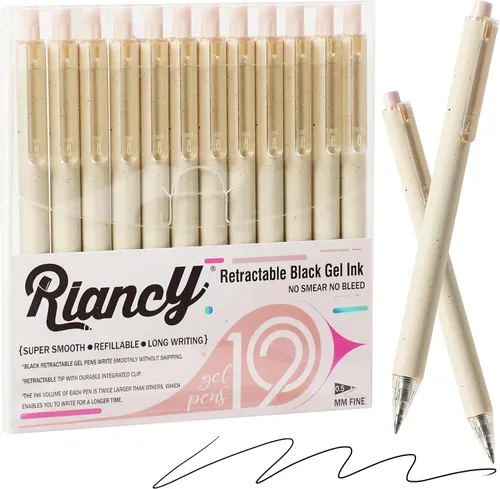 Paquete de 12 bolígrafos de gel color beige crema, bonitos bolígrafos retráctiles estéticos de tinta negra neutra, punta fina de 0.020 in, secado