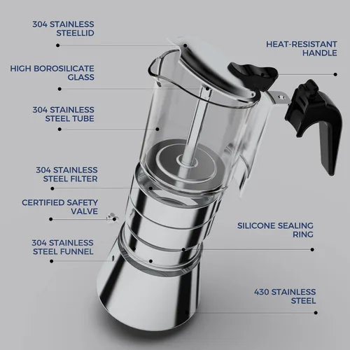 Miniatura 2 de SIXAQUAE - Olla de inducción Moka con tapa de cristal y acero inoxidable, cafetera italiana clásica (5.4 fl oz)