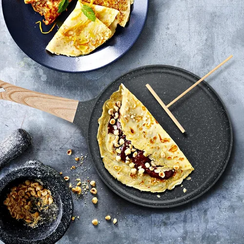 Miniatura 7 de SouxMux Sartén antiadherente para crepas de 8 pulgadas con esparcidor, sartén Dosa Tawa recubierta de cerámica, sartén plana compatible con Negro
