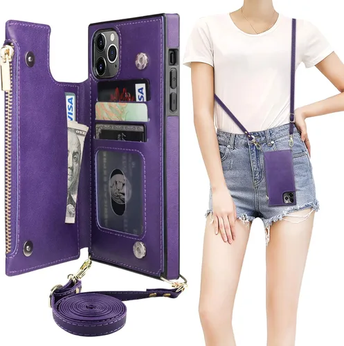 Miniatura 20 de Bocasal Funda tipo cartera cruzada para iPhone 11 Pro Max con tarjetero, protector de ranura para tarjetas con cremallera, a prueba de golpes
