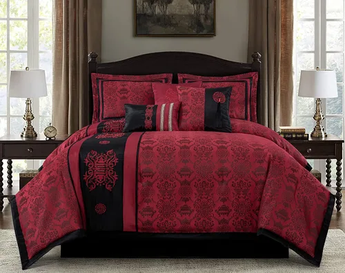 Chezmoi Collection Tai - Juego de edredón de jacquard tradicional oriental rojo y negro de 7 piezas, tamaño California King