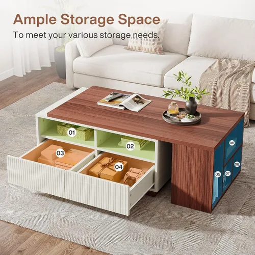 Miniatura 5 de Tribesigns Mesa auxiliar extensible con 2 cajones de almacenamiento, mesa reversible para sala de estar con estantes y parte superior ajustable