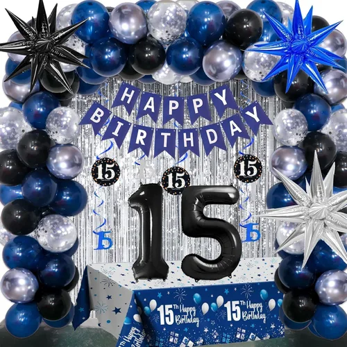 Miniatura 13 de Decoraciones de cumpleaños número 10 para niños y niñas, color azul oscuro, doble dígitos con pancarta de feliz cumpleaños, mantel de globos de 10