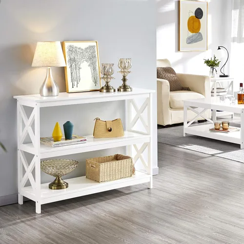 Miniatura 2 de Yaheetech Mesa auxiliar auxiliar de sofá con estante de almacenamiento de 3 niveles para sala de estar, espacio estrecho, color blanco