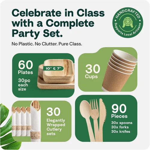 Miniatura 3 de Juego de Fiesta de Platos de Hoja de Palma y Cubiertos de Bambú Pre-Enrollados - Platos Compostables de 10 y 7 Pulgadas, Elegantes Utensilios