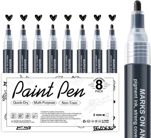 AKARUED Marcadores de pintura acrílica negra: paquete de 8 bolígrafos de pintura negra, marcadores de pintura negra acrílica para pintura de roca,