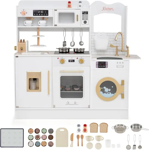 Costzon Juego de cocina para niños, juego de madera para niños pequeños con luces y sonidos reales, grifo, horno de microondas, máquina de café,