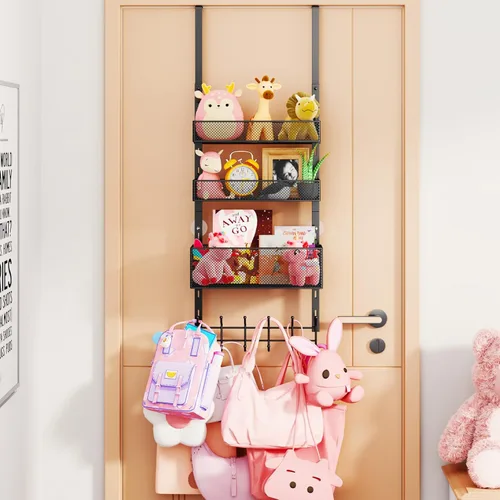 Miniatura 15 de Consumest Organizador de Ganchos Sobre la Puerta - Colgador Sobre la Puerta con 16 Ganchos y 2 Cestas para Colgar Abrigo, Ropa, Toalla