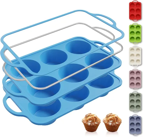 Miniatura 47 de 2 paquetes de 12 tazas de molde para magdalenas de silicona para hornear con marco reforzado de metal, molde para cupcakes de tamaño regular, Crema