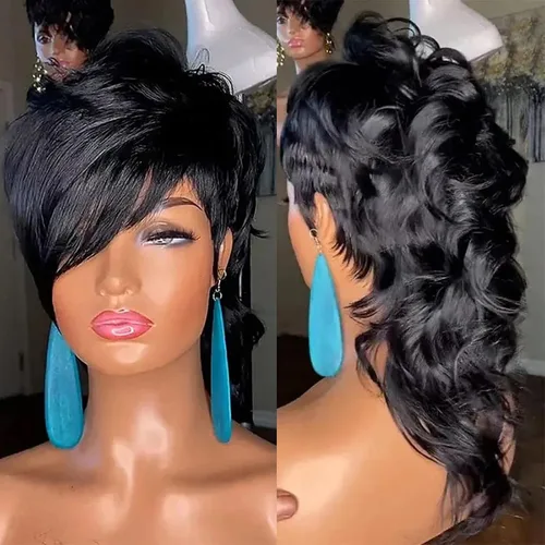 Miniatura 16 de PangDongLai Pelucas de cabello humano con corte Pixie para mujeres negras, pelucas de corte Pixie en capas con flequillo, sin pegamento, cabello