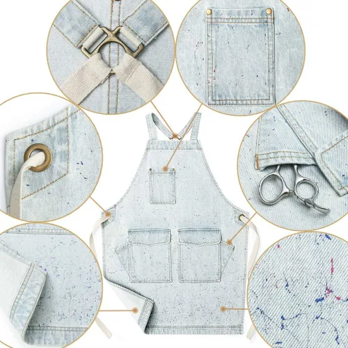 Miniatura 2 de Jeanerlor - Delantal de mezclilla de algodón con bolsillos, delantales de cocina para peluquería para mujeres y hombres, 2 tamaños Azul claro