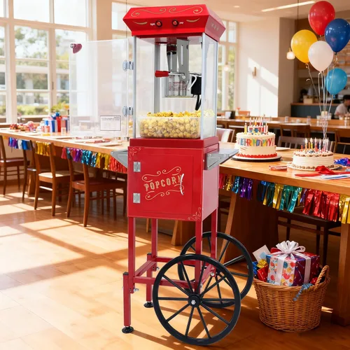 Máquina de palomitas de maíz de estilo vintage de 8 onzas – Máquina de aperitivos con hervidor de acero inoxidable, carrito retro vintage y ruedas