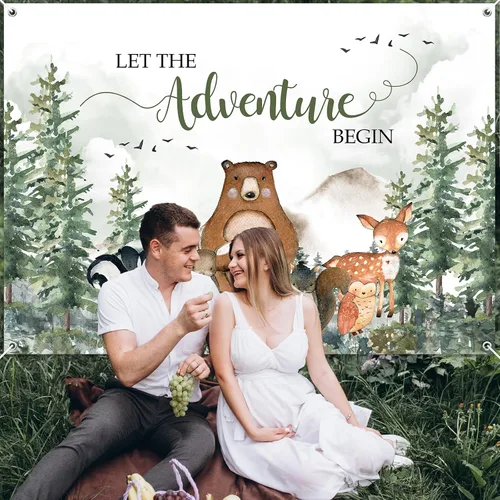 Miniatura 5 de Avezano Telón de fondo de baby shower con texto en inglés "Let The Adventure Begin Baby Show", decoración de fiesta para niños, pancarta de desierto