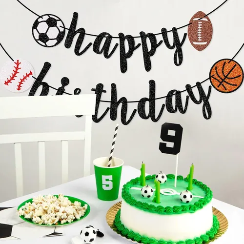 Miniatura 6 de Cartel deportivo de feliz cumpleaños, pancarta de cumpleaños con purpurina, fútbol, béisbol, fútbol, baloncesto (negro)