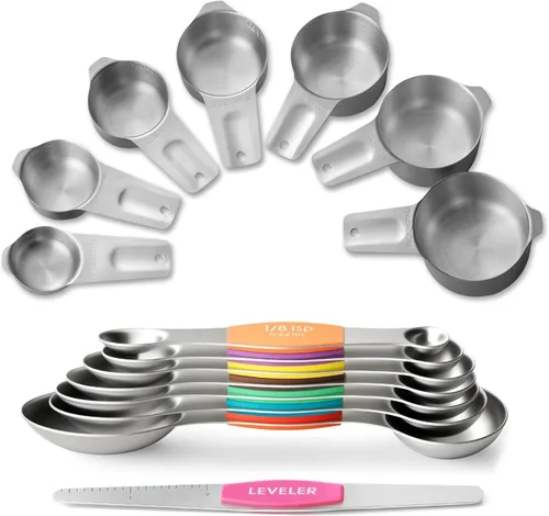 Miniatura 9 de EWFEN Juego de tazas y cucharas medidoras, 7 tazas medidoras de acero inoxidable y 7 cucharas, 5 mini cucharas medidoras y 2 anillos desmontables