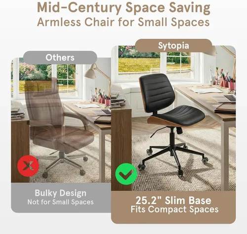 Miniatura 8 de Sytopia Silla de escritorio pequeña para oficina en casa, silla de oficina giratoria de altura ajustable, sin brazos, silla moderna de mediados