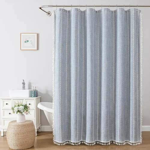 Miniatura 2 de meioro Cortina de ducha bohemia a rayas, juego de cortina de ducha de tela tejida de lino de 10.41 oz/m² con borla, repelente al agua, rústica, Azul