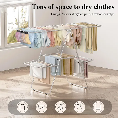 Miniatura 9 de APEXCHASER Tendedero de secado de ropa con 4 alas, estante de secado de acero inoxidable con clips para calcetines, conectores metálicos, altura