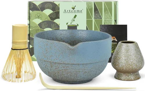 Artcome Juego de té Matcha de alta calidad, cuenco de cerámica hecho a mano de 17 onzas con esmalte reactivo azul, batidor de bambú, cuchara,