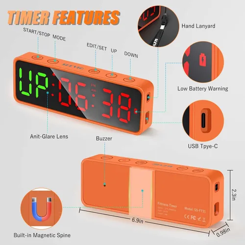 Miniatura 6 de Reloj Temporizador de Gimnasio Pequeño Cronómetro Magnético Temporizador de Intervalos de Entrenamiento, Pantalla Digital LED Grande, Accesorios